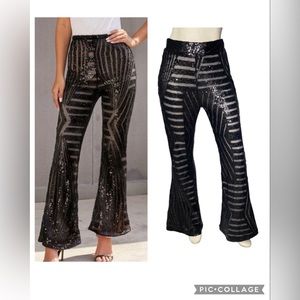 UNBRANDED Black Sequin Geometric Illusion High Waisted Wide Leg Flare Pants, L